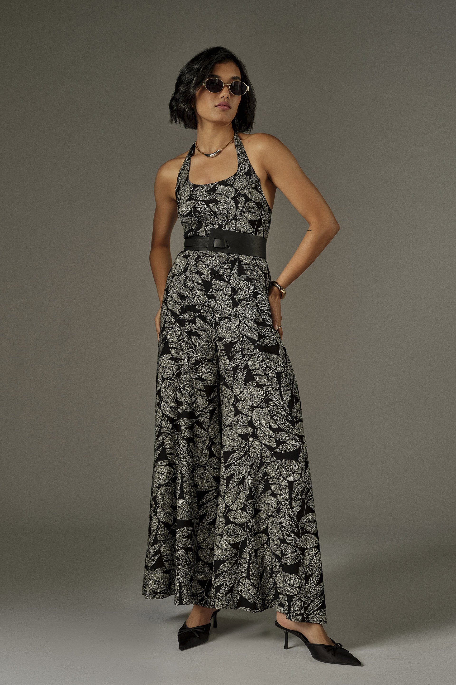 Flared Leaf Print Jumpsuit in Black